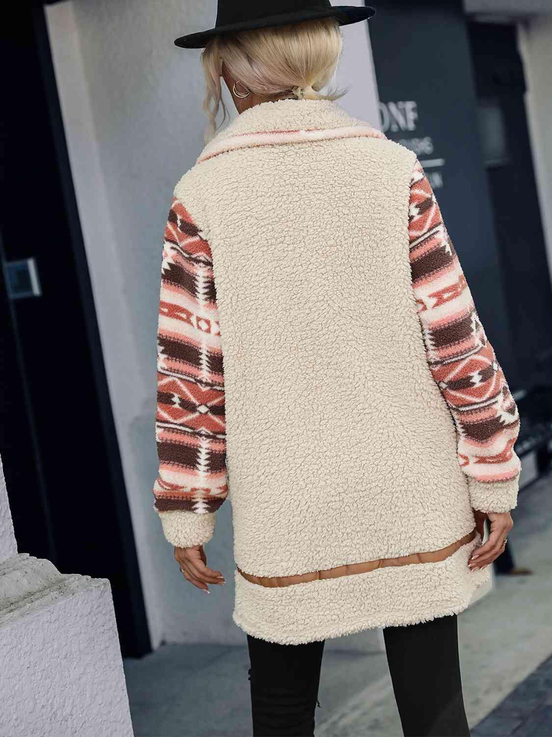 Geometric Zip-Up Long Fleece Coat-MXSTUDIO.COM