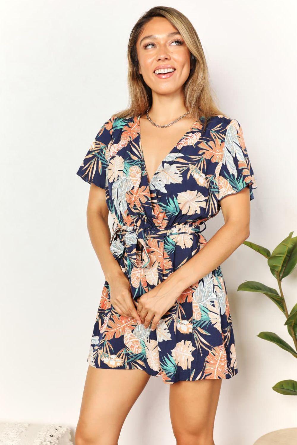 Get Away Perfect Botanical Print Tie Waist Romper - MXSTUDIO.COM