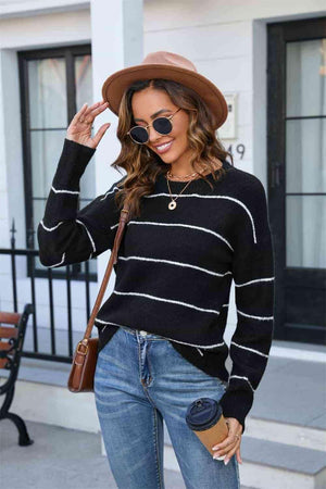 Get Comfy Ribbed Knit Striped Crewneck Sweater - MXSTUDIO.COM