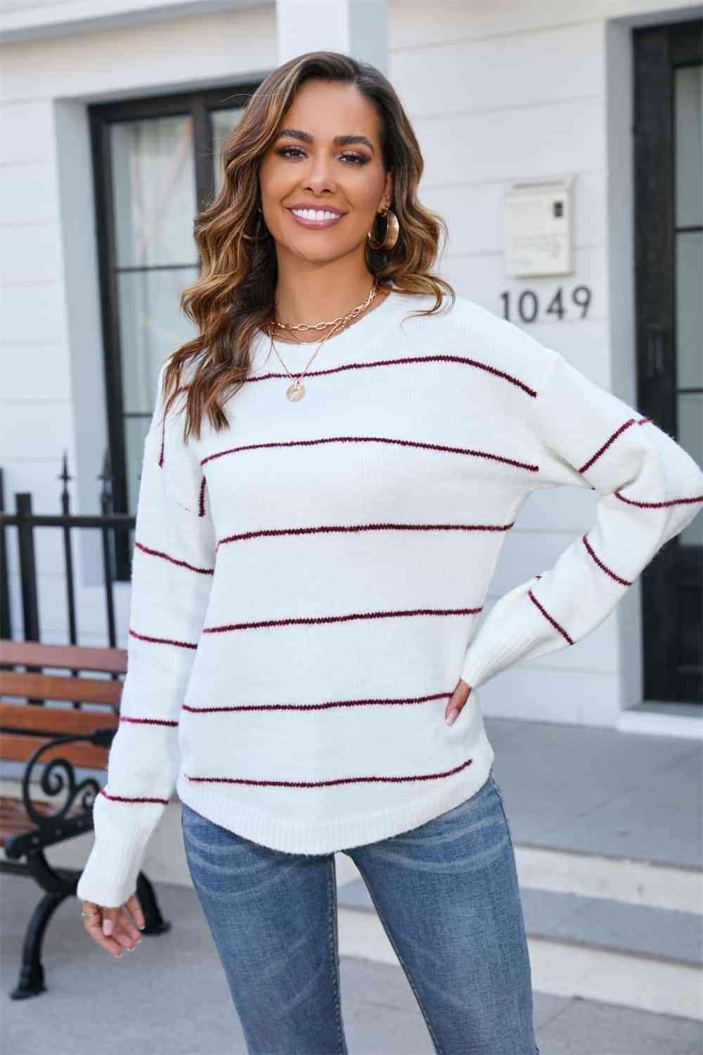 Get Comfy Ribbed Knit Striped Crewneck Sweater - MXSTUDIO.COM