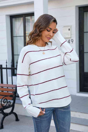Get Comfy Ribbed Knit Striped Crewneck Sweater - MXSTUDIO.COM
