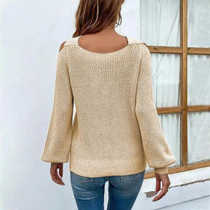 Girly Warmth Crisscross Knit Cold Shoulder Sweater-MXSTUDIO.COM