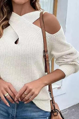 Girly Warmth Crisscross Knit Cold Shoulder Sweater-MXSTUDIO.COM
