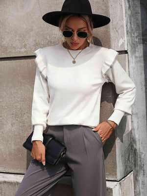 Girly Warmth Ruffle Shoulder Sweater-MXSTUDIO.COM