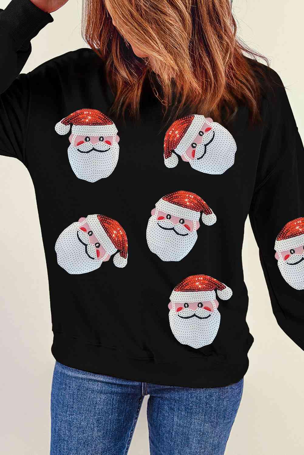 Glimmering Sequin Santa Patch Christmas Sweatshirt-MXSTUDIO.COM