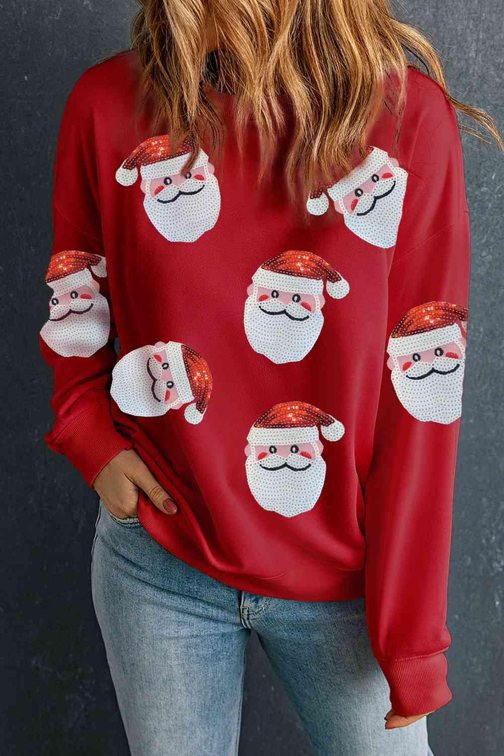 Glimmering Sequin Santa Patch Christmas Sweatshirt-MXSTUDIO.COM