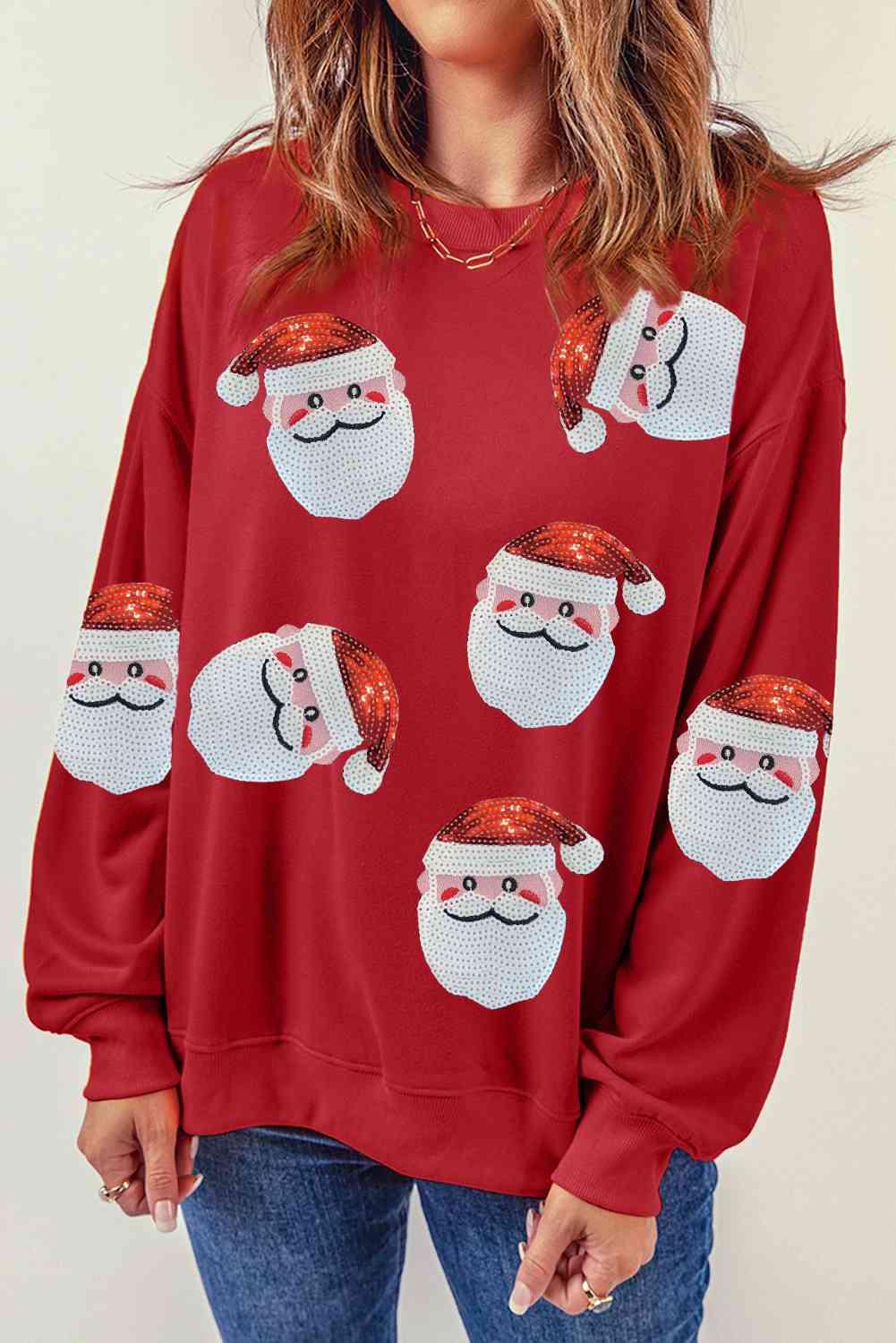 Glimmering Sequin Santa Patch Christmas Sweatshirt-MXSTUDIO.COM