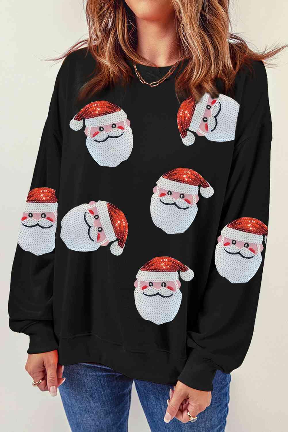 Glimmering Sequin Santa Patch Christmas Sweatshirt-MXSTUDIO.COM