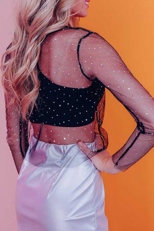 Glittery Black Sheer Long Sleeve Top - MXSTUDIO.COM