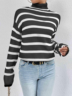 Gloomy Day Chic Striped Turtleneck Sweater-MXSTUDIO.COM