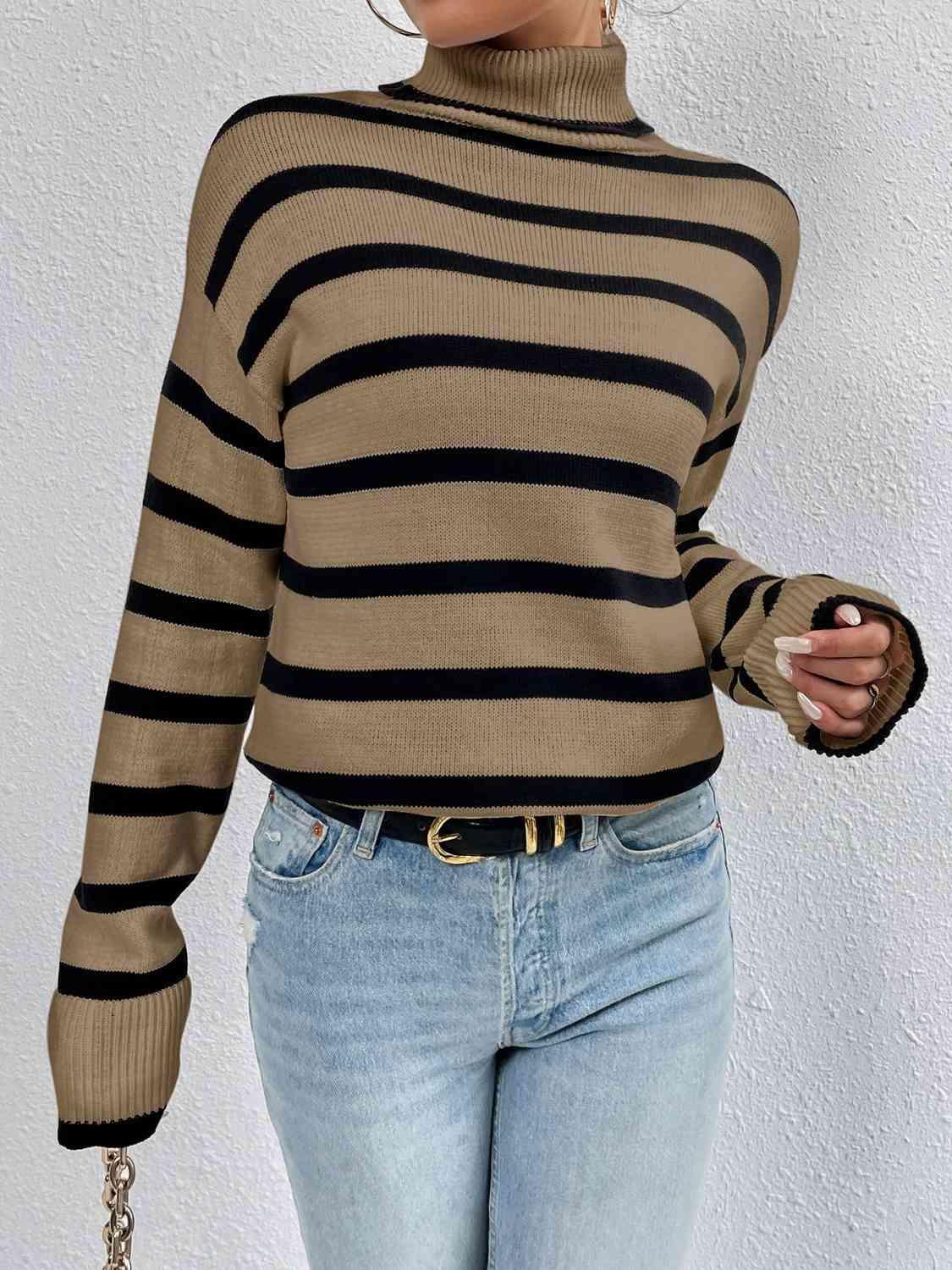 Gloomy Day Chic Striped Turtleneck Sweater-MXSTUDIO.COM