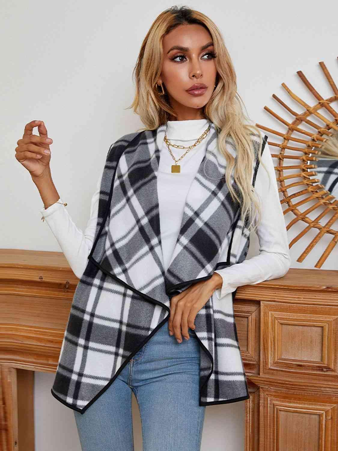 Go-To Layer Plaid Open Front Sleeveless Cardigan Vest - MXSTUDIO.COM