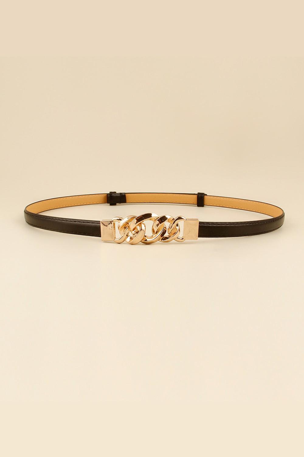 Gold Zinc Alloy Buckle Skinny Leather Belt - MXSTUDIO.COM