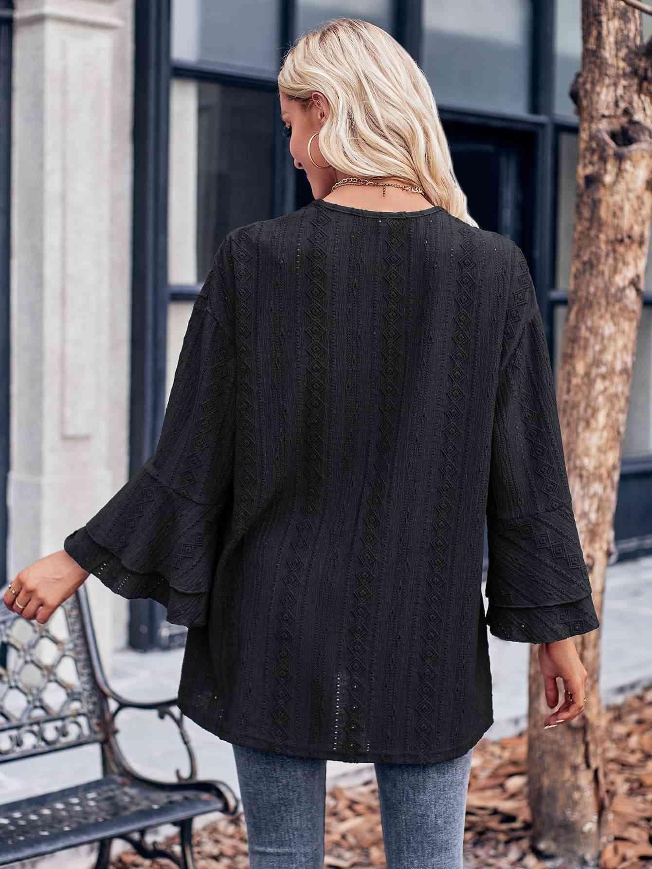 Graceful Embrace Eyelet Ruffle Sleeve Cardigan-MXSTUDIO.COM