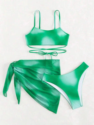 a green bikinisuit with a tie around the waist
