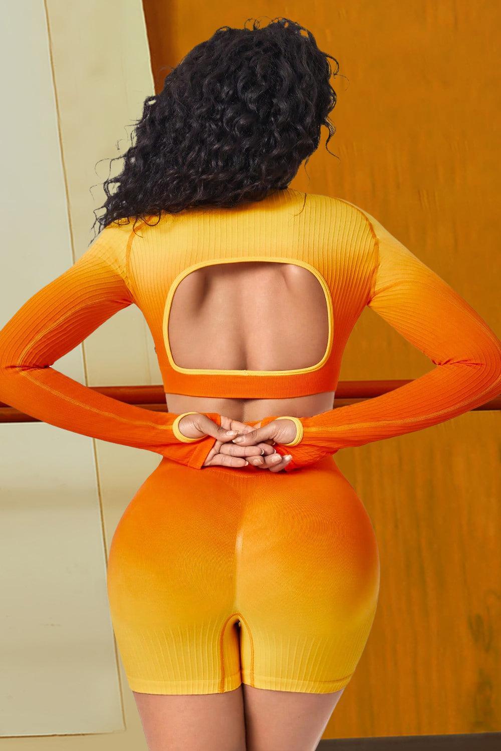 Gradient Long Sleeve Crop Top And Active Shorts Set - MXSTUDIO.COM