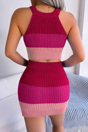 Gradient Striped Knit Crop Top And Skirt Set-MXSTUDIO.COM
