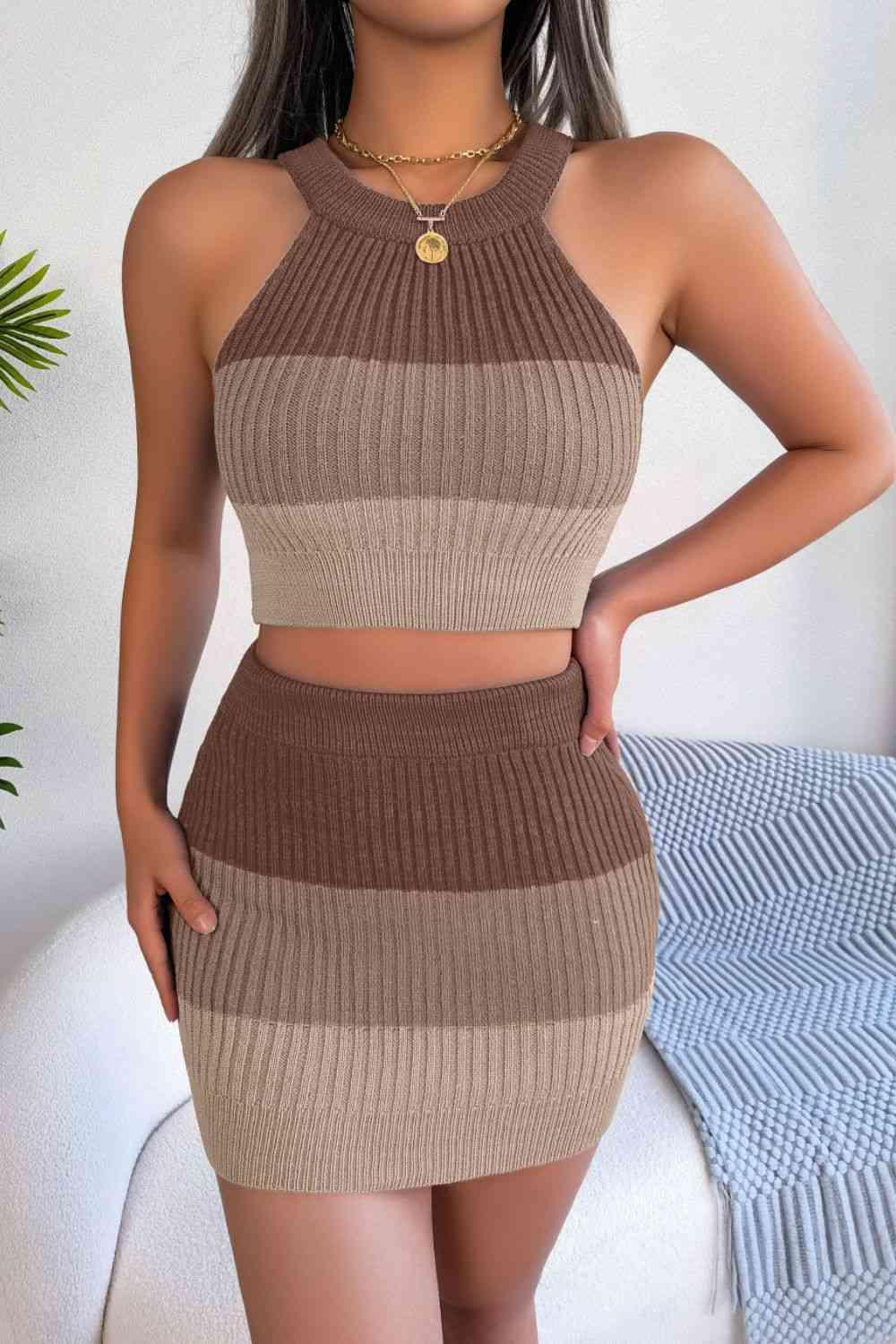 Gradient Striped Knit Crop Top And Skirt Set-MXSTUDIO.COM
