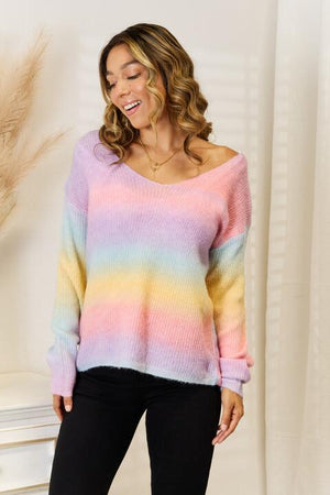 Gradient Women's V-Neck Drop Shoulder Sweater - MXSTUDIO.COM