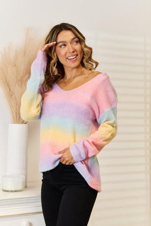 Gradient Women's V-Neck Drop Shoulder Sweater - MXSTUDIO.COM