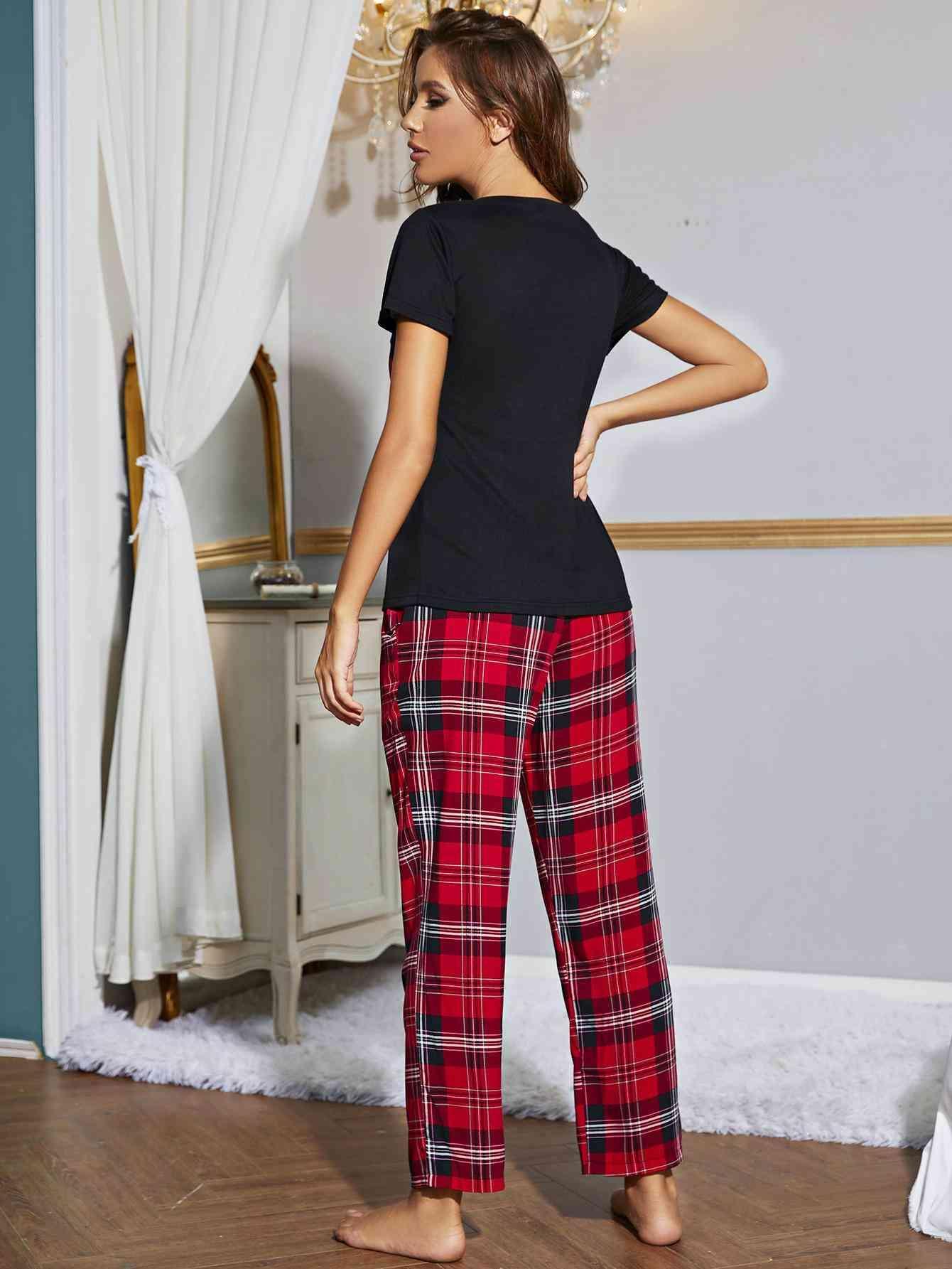 Graphic Tee And Plaid Pants 2 Piece Outfit Lounge Set - MXSTUDIO.COM