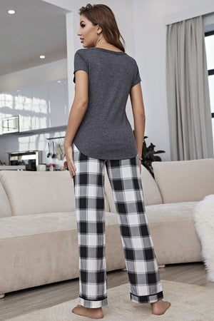 Gray Top And Plaid Pants 2 Piece Lounge Set - MXSTUDIO.COM