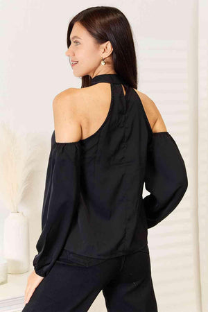 Grecian Neck Black Cold Shoulder Blouse - MXSTUDIO.COM