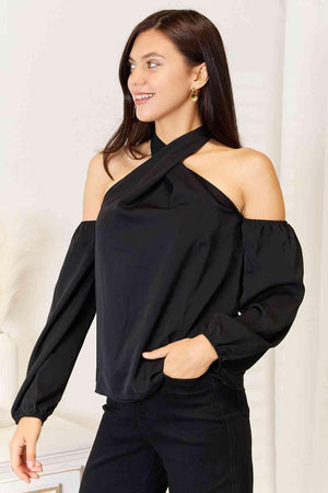 Grecian Neck Black Cold Shoulder Blouse - MXSTUDIO.COM