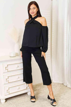Grecian Neck Black Cold Shoulder Blouse - MXSTUDIO.COM