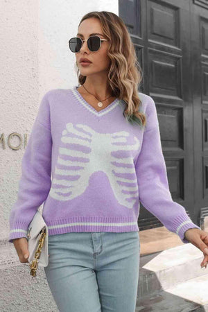 Halloween Snug V-Neck Skeleton Sweater - MXSTUDIO.COM