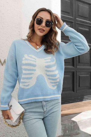 Halloween Snug V-Neck Skeleton Sweater - MXSTUDIO.COM