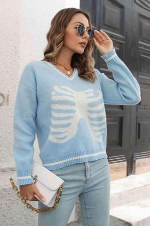 Halloween Snug V-Neck Skeleton Sweater - MXSTUDIO.COM