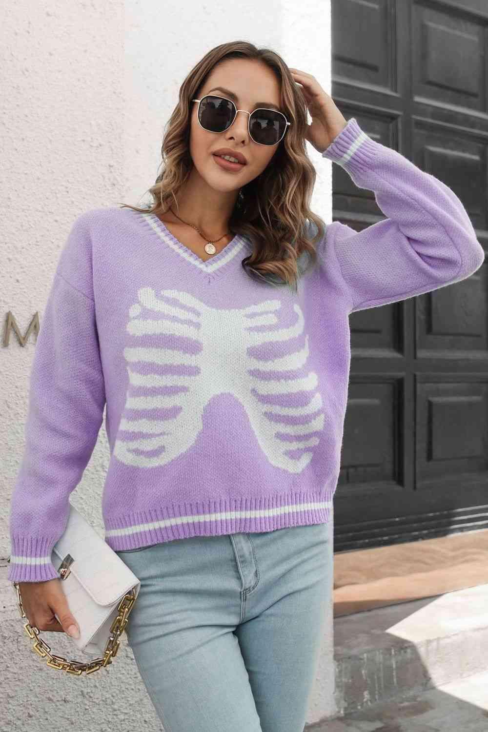Halloween Snug V-Neck Skeleton Sweater - MXSTUDIO.COM