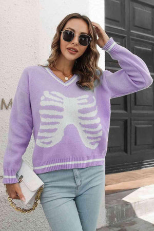 Halloween Snug V-Neck Skeleton Sweater - MXSTUDIO.COM