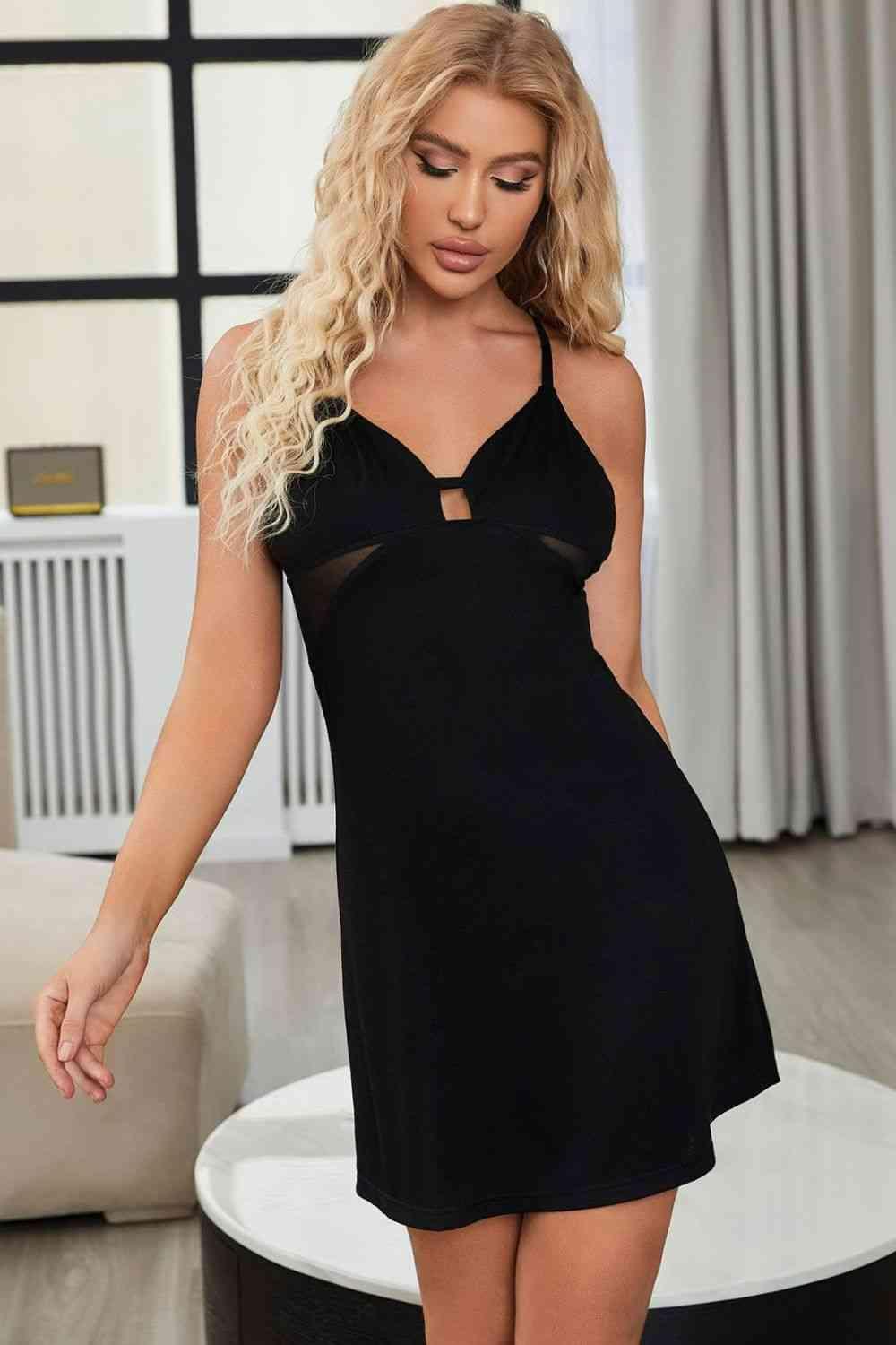 Halter Neck Spliced Mesh Black Night Dress - MXSTUDIO.COM