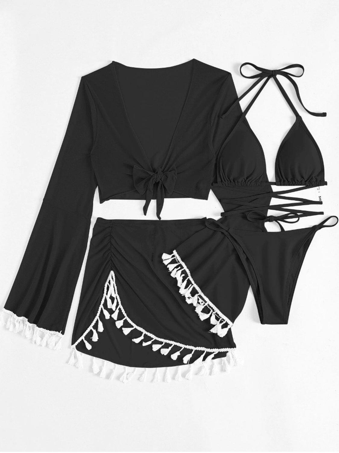 a black bikinisuit with white trims and a halter top