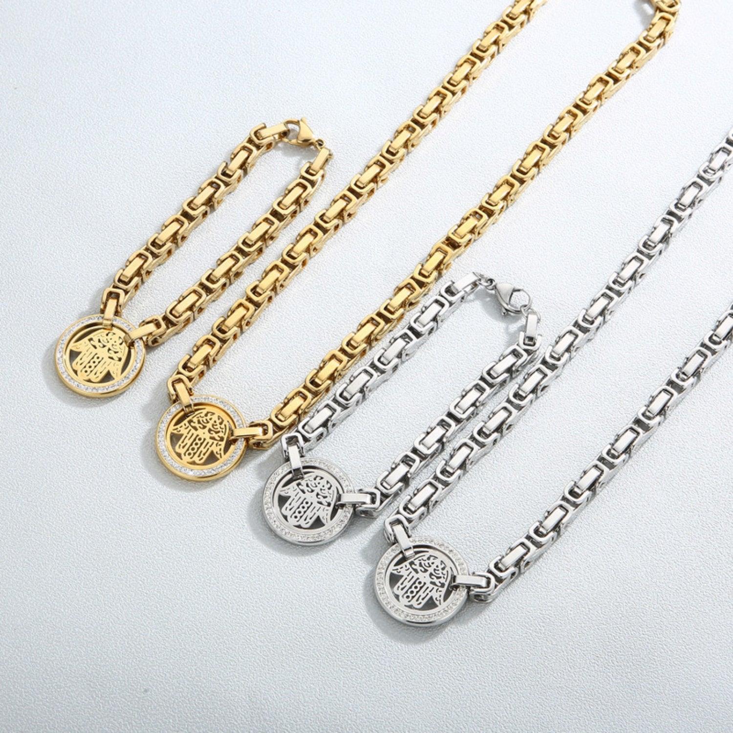 four different types of necklaces on a white surface
