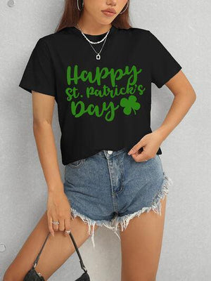 a woman wearing a happy st patrick's day t - shirt