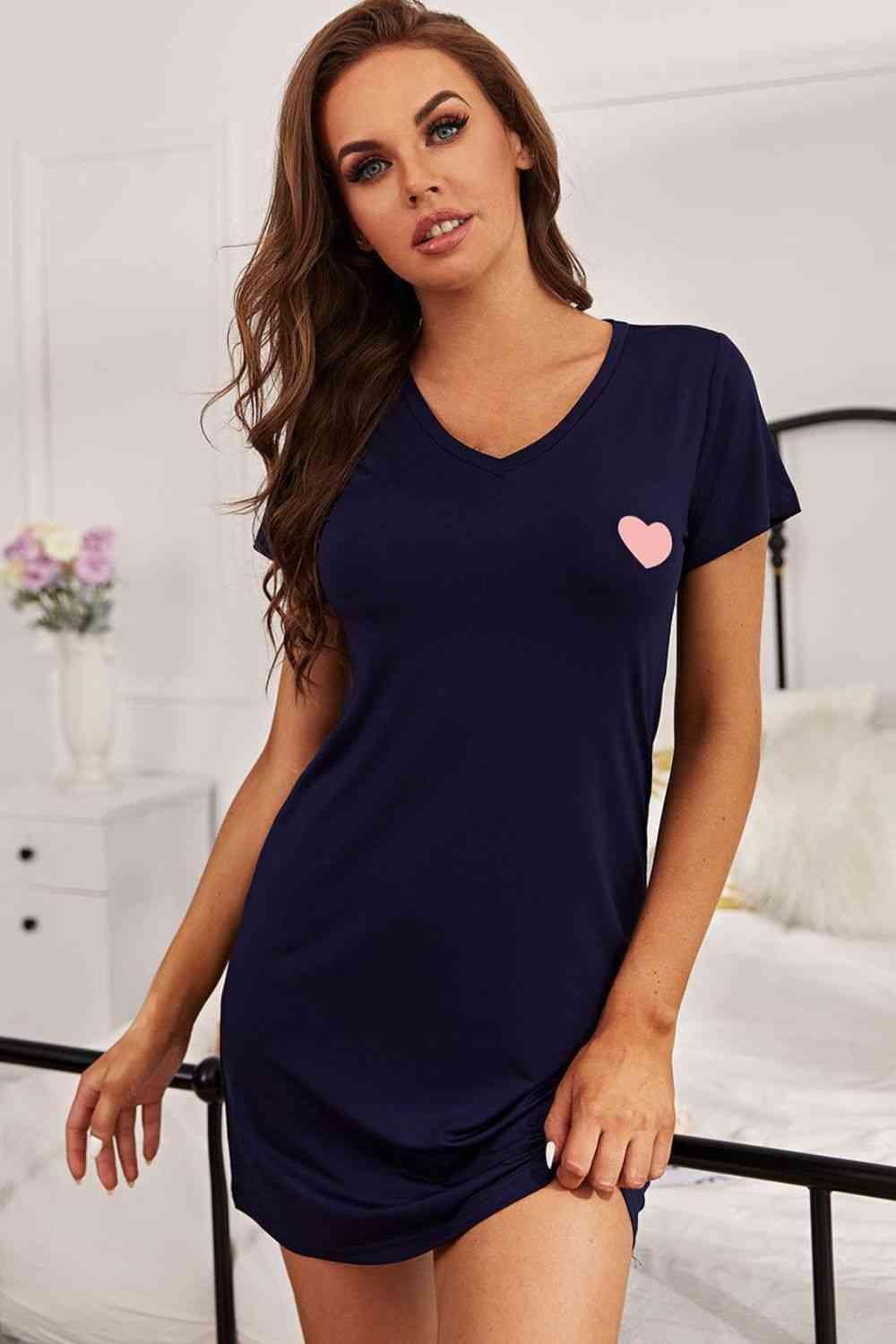 Heart Graphic Short Sleeve Navy Blue Nightgown - MXSTUDIO.COM