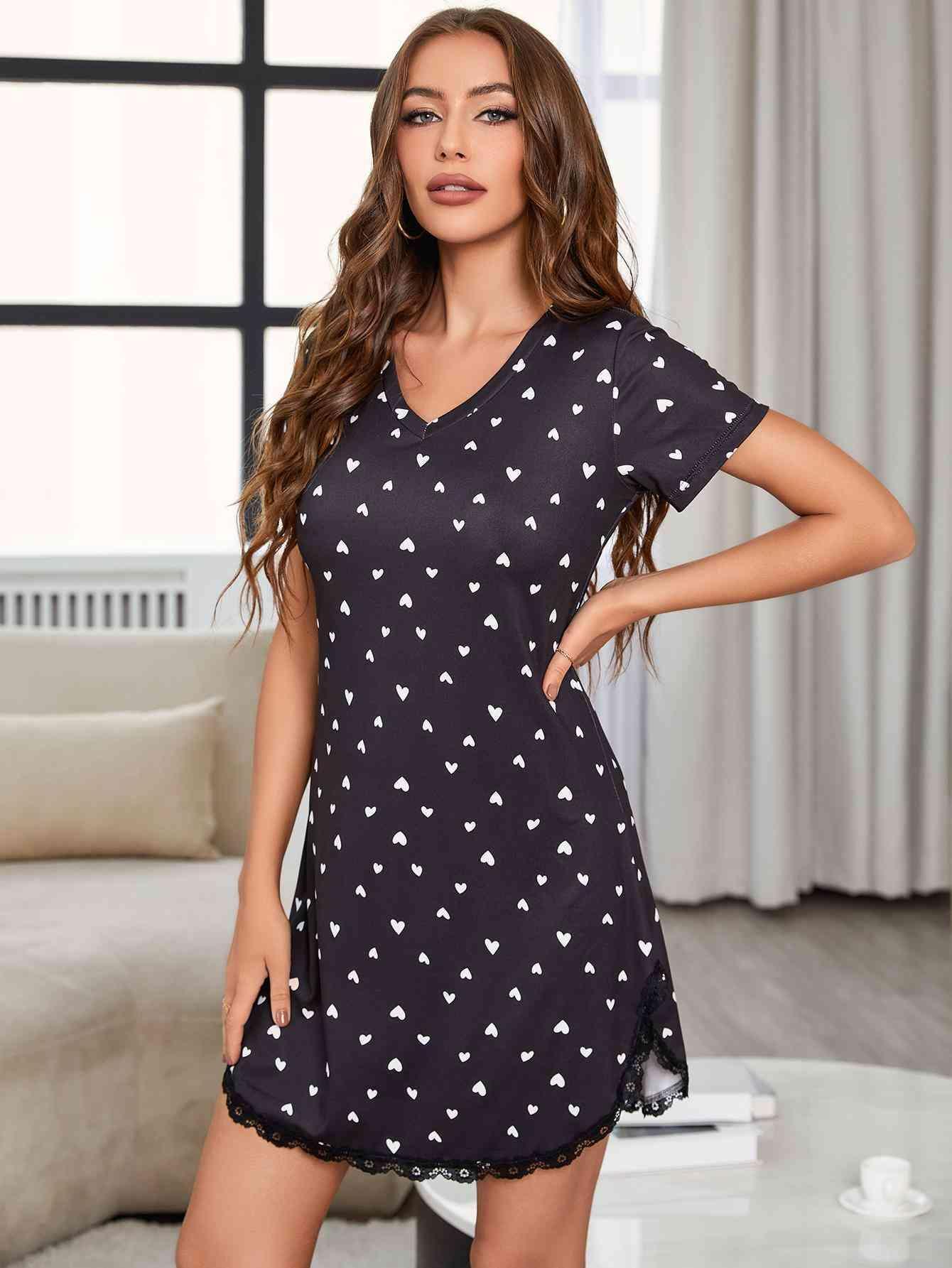 Heart Graphic Trim Lace Trim Black Night Dress - MXSTUDIO.COM