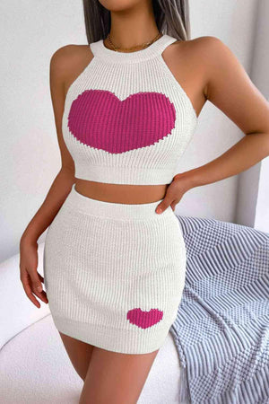 Heart Knitted Sleeveless Crop Top and Skirt Set-MXSTUDIO.COM