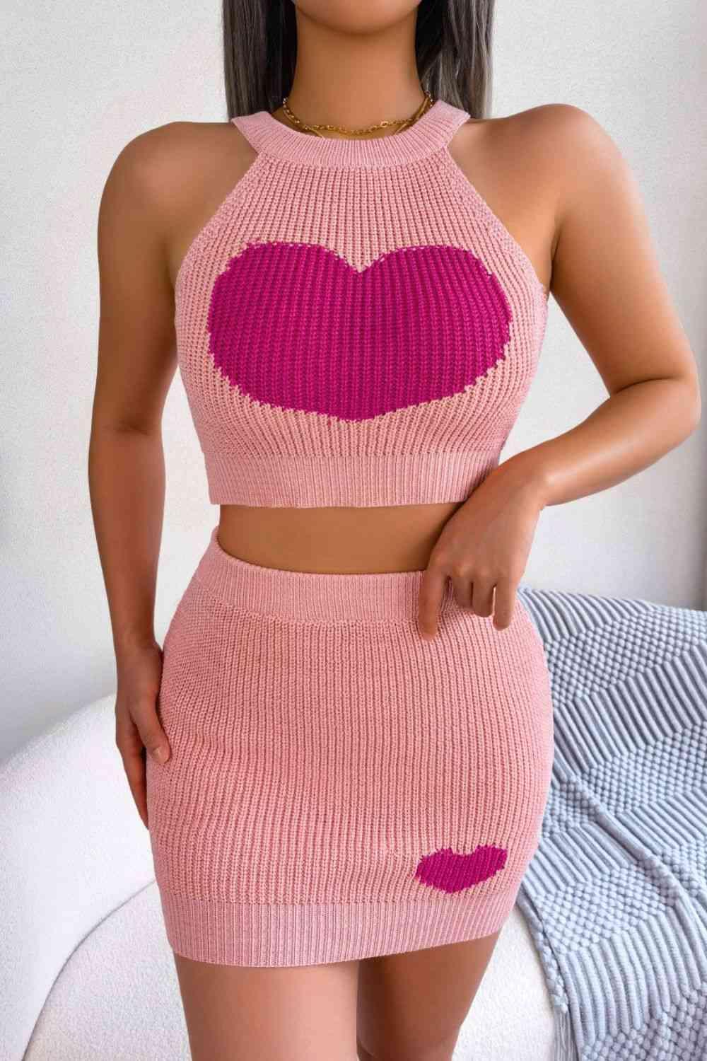 Heart Knitted Sleeveless Crop Top and Skirt Set-MXSTUDIO.COM