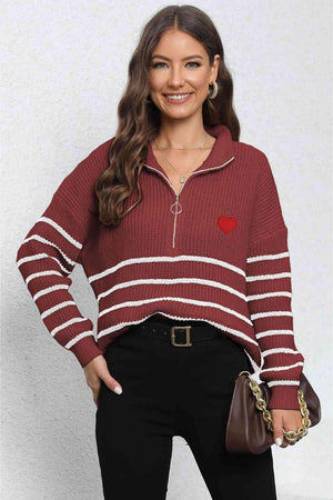 Heartwarming Mock Neck Striped Half Zip Sweater - MXSTUDIO.COM