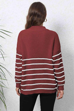 Heartwarming Mock Neck Striped Half Zip Sweater - MXSTUDIO.COM