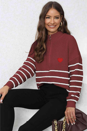 Heartwarming Mock Neck Striped Half Zip Sweater - MXSTUDIO.COM