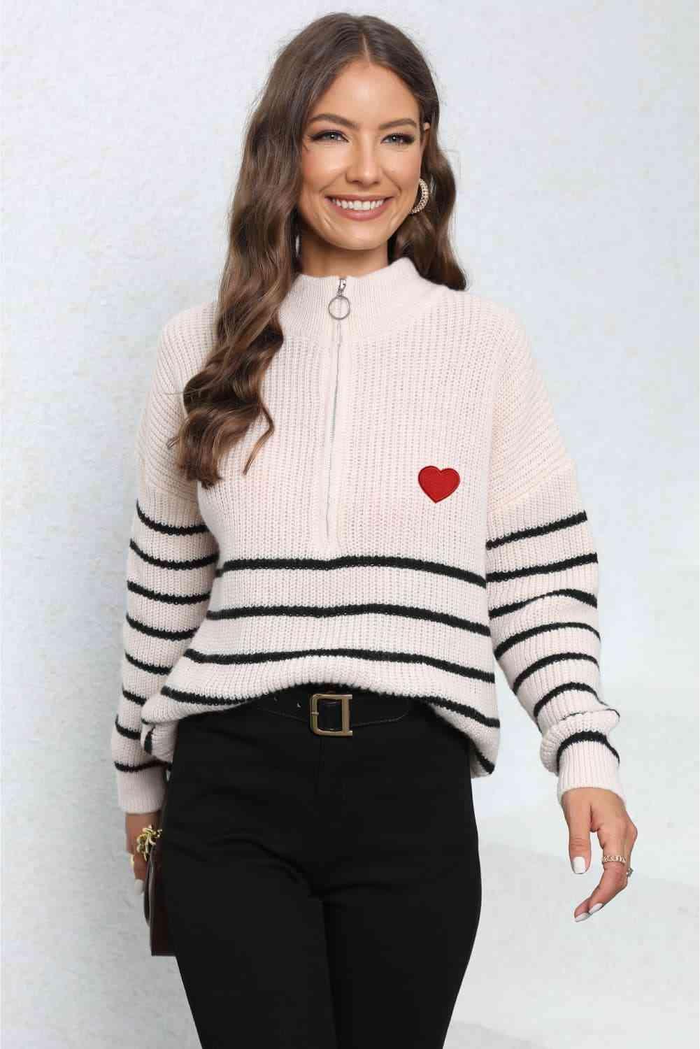Heartwarming Mock Neck Striped Half Zip Sweater - MXSTUDIO.COM