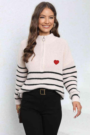 Heartwarming Mock Neck Striped Half Zip Sweater - MXSTUDIO.COM