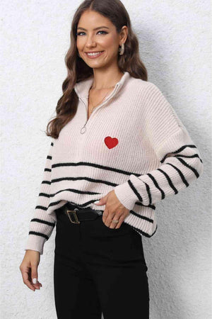 Heartwarming Mock Neck Striped Half Zip Sweater - MXSTUDIO.COM