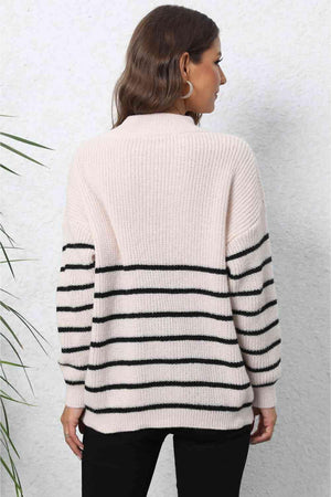 Heartwarming Mock Neck Striped Half Zip Sweater - MXSTUDIO.COM