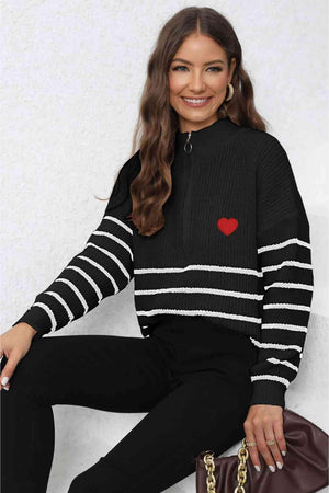 Heartwarming Mock Neck Striped Half Zip Sweater - MXSTUDIO.COM